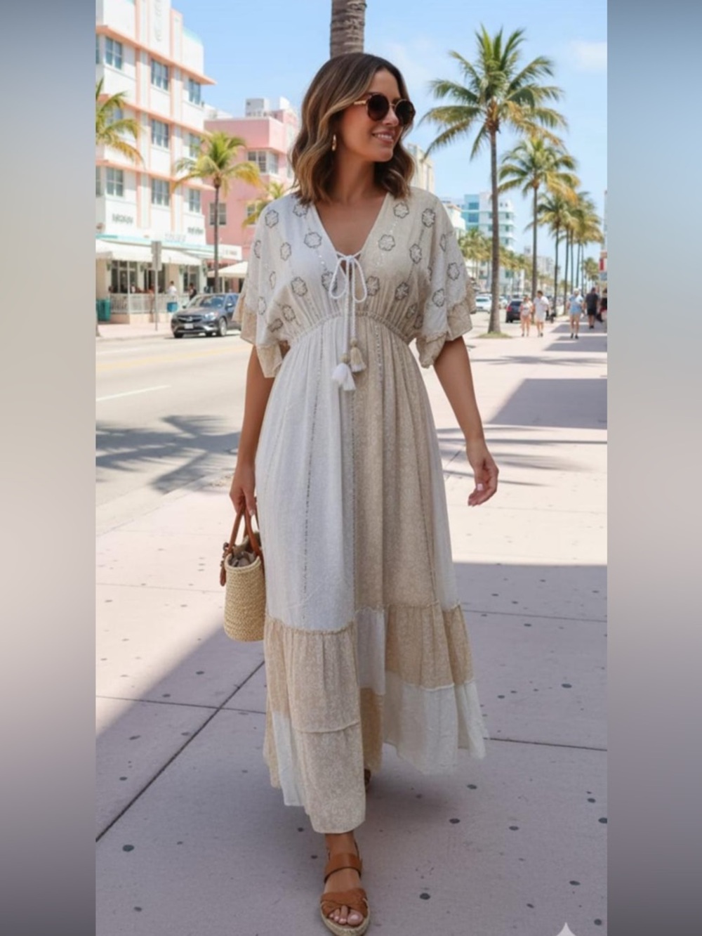 ShopEvelynne Cream & Tan Boho Tie-Front Maxi Dress